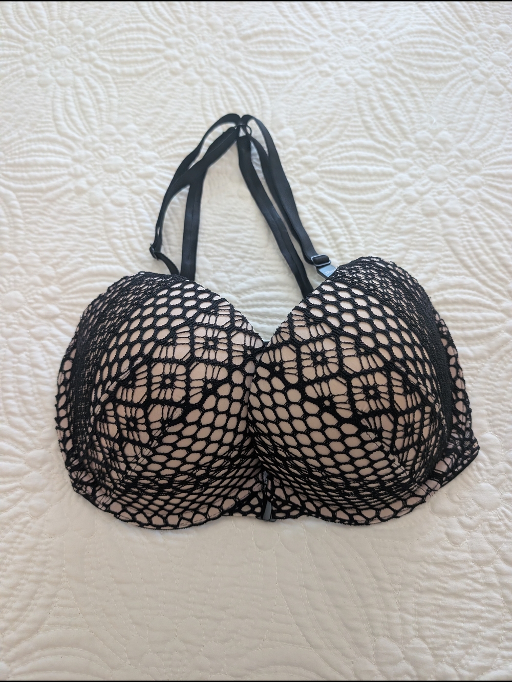 Victoria Secret Black Lace Overlay Push-Up Bra with Nude Lining
